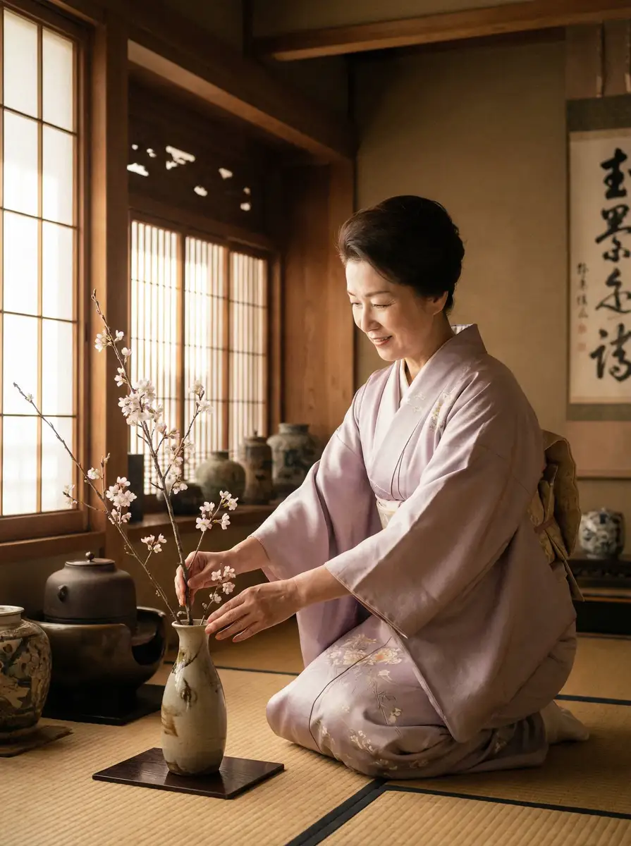 一位优雅的 邓乔馨 在和室中插花