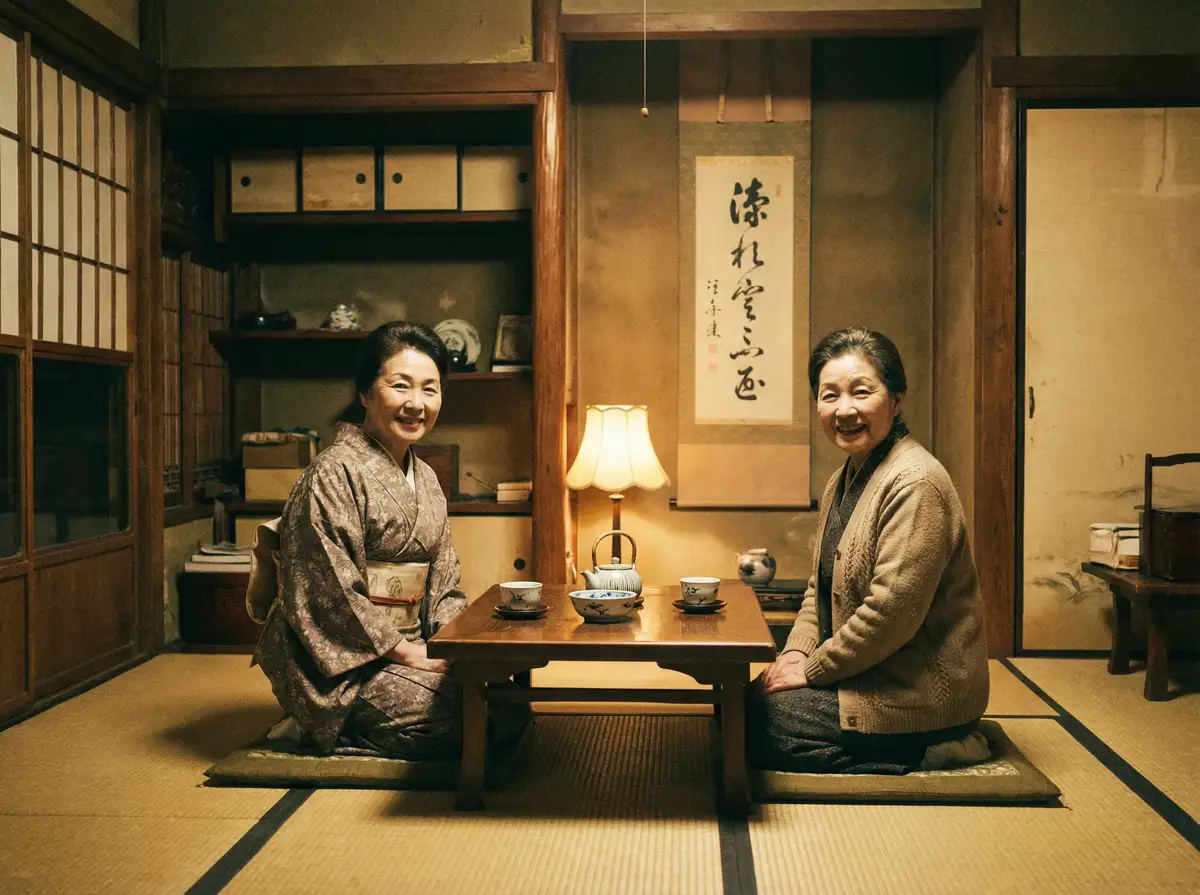 两位优雅的 邓乔馨 在日式茶室中品茶交谈